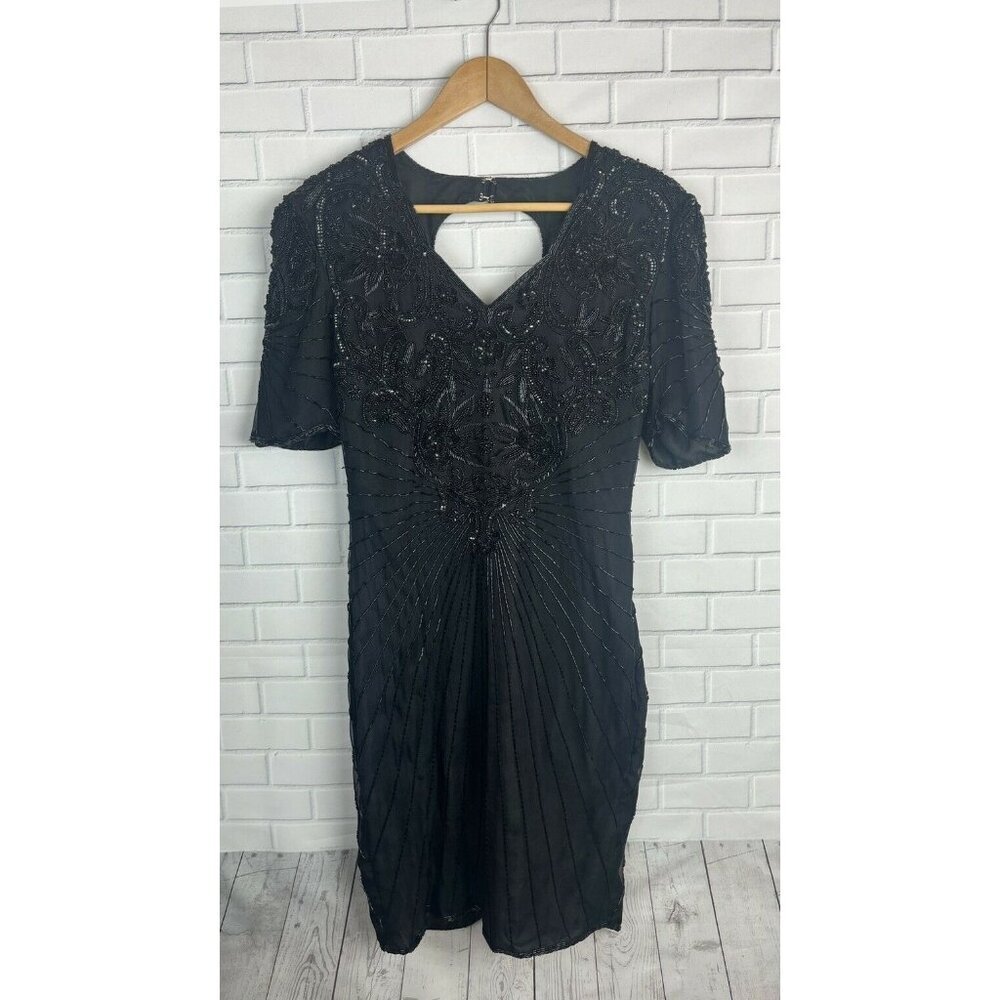 Vintage Scala Dress Petite S Black Silk Beaded Sequin Evening Formal Gatsby 20s‎